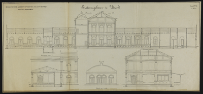 858578 Doorsneden en opstand van de zijgevel van het station Utrecht Maliebaan van de H.IJ.S.M. te Utrecht.